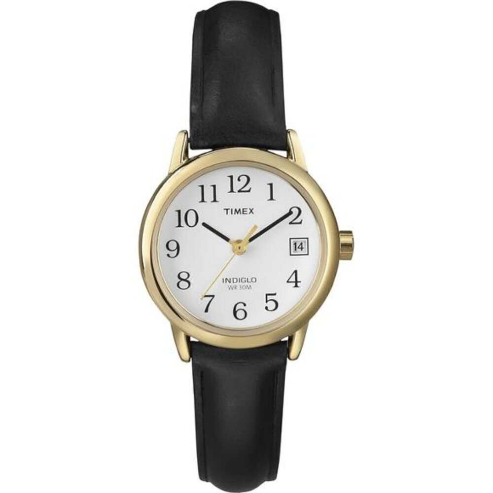 Womens Easy Reader Watch Gold Tone Case Leather Strap Light Up Dial Date